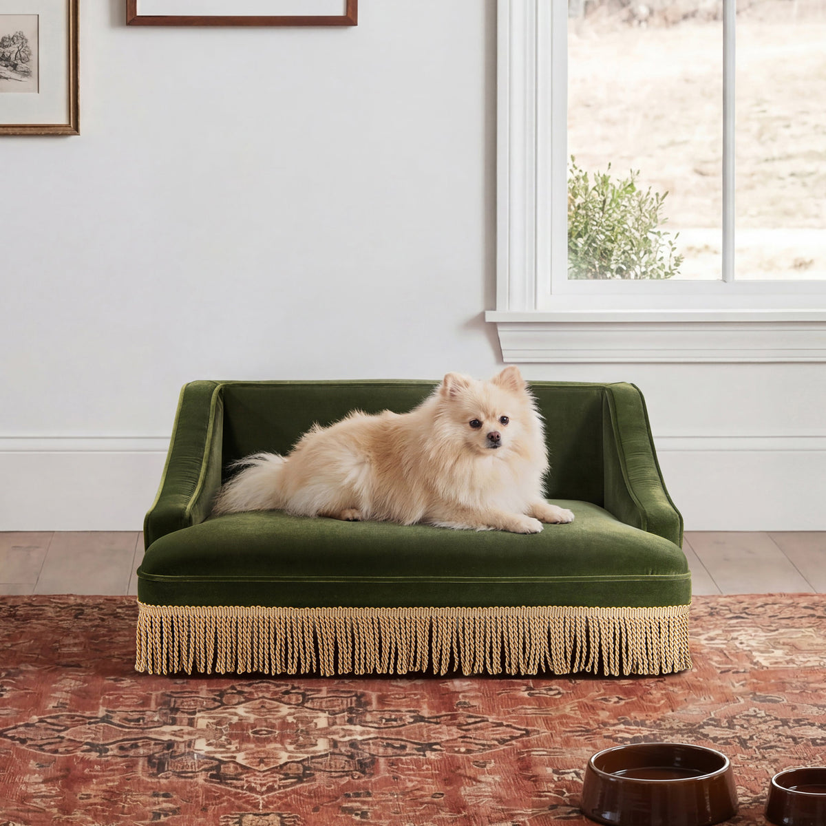 Jennifer Taylor Home Olive Green Velvet Princess Pet Bed Sofa with Fringe Skirt