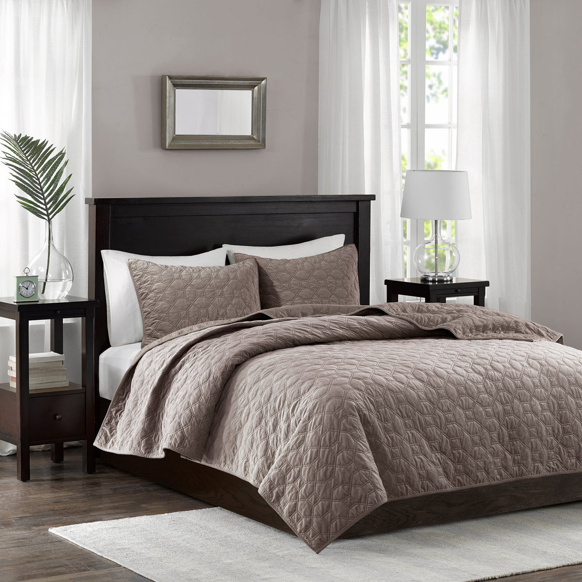 JLA 3 Piece Velvet Quilt Set Taupe Full/Queen