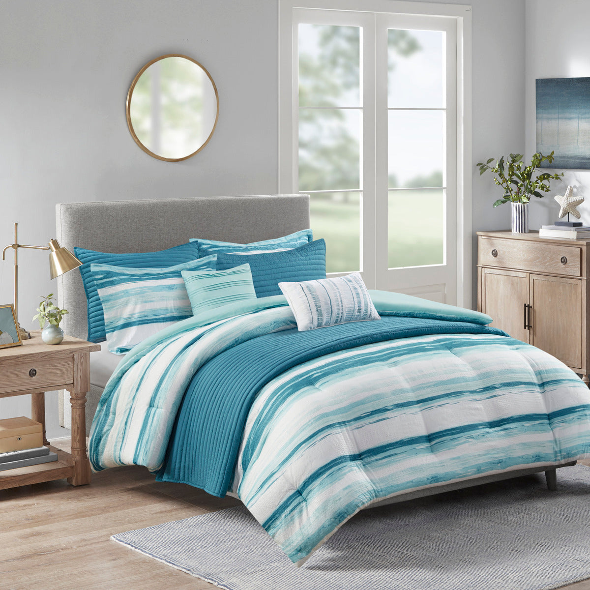 JLA Aqua Seersucker Comforter and Quilt Set with Hypoallergenic Filling