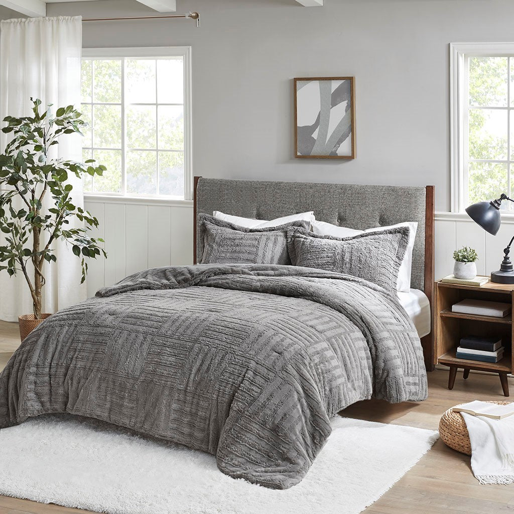 JLA Grey Fur Down Alternative Comforter Mini Set with Checkerboard Texture