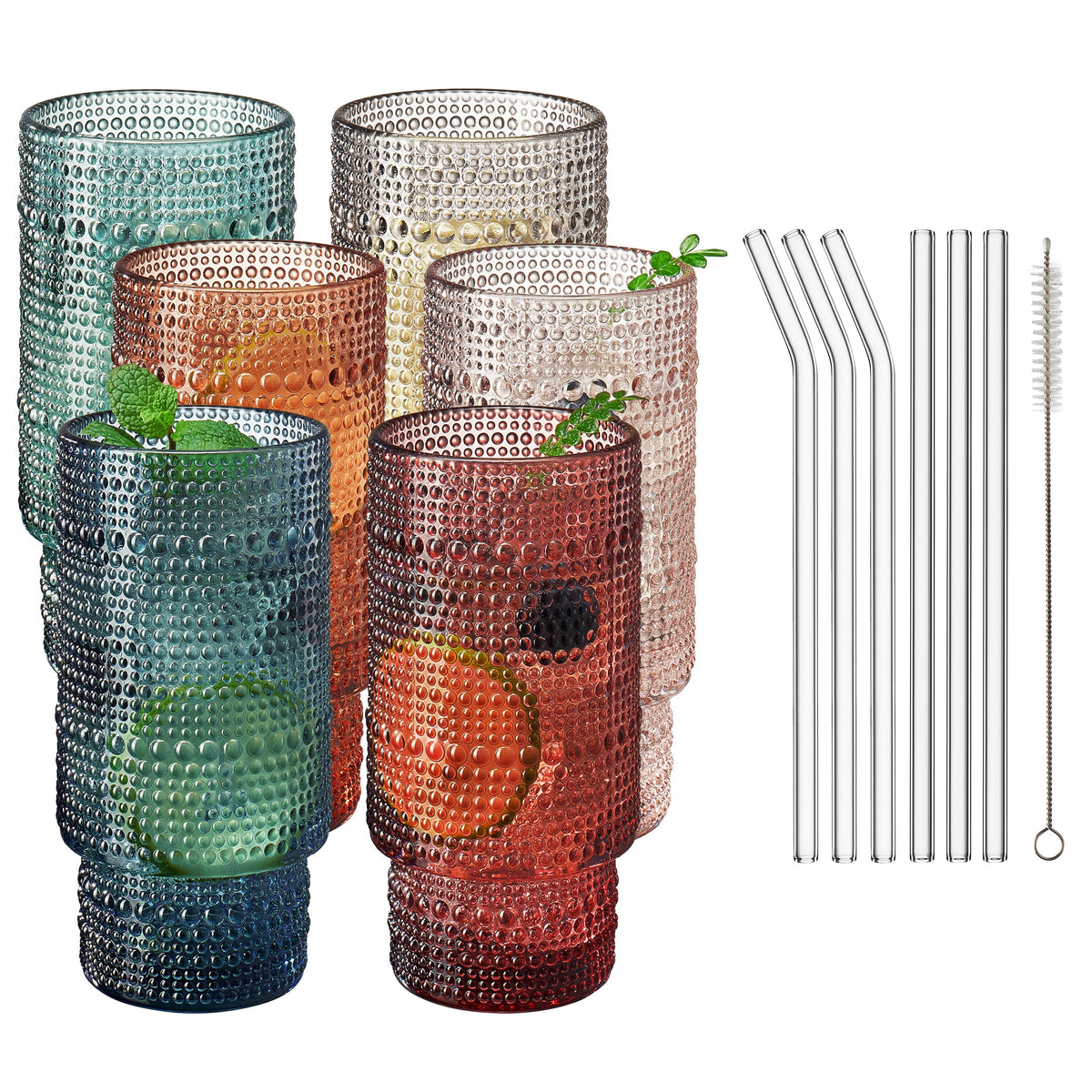 Tonal Collins Highball Glassware, Set of 6 with 6 Glass Straws & Cleaner | Khen Site