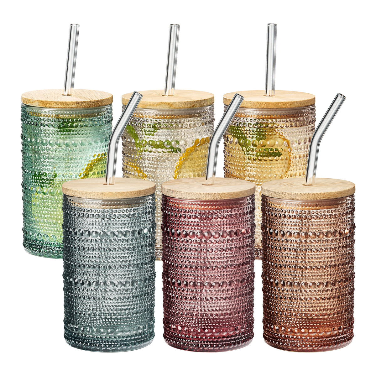 Tonal Hobnail Highball Glassware, With 6X Lids & Glass Straws, Set of 6 | Khen Site