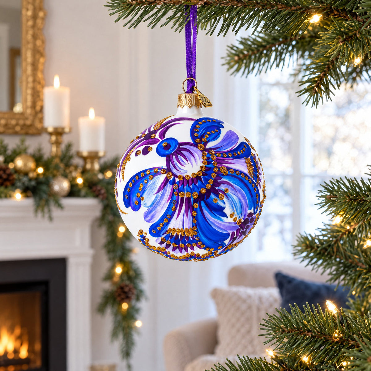 Floral Blue and Gold Glass Ball Christmas Ornament