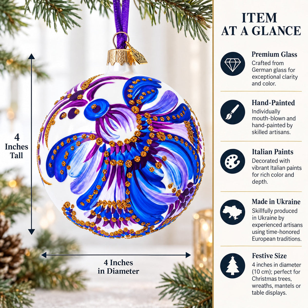 Floral Blue and Gold Glass Ball Christmas Ornament