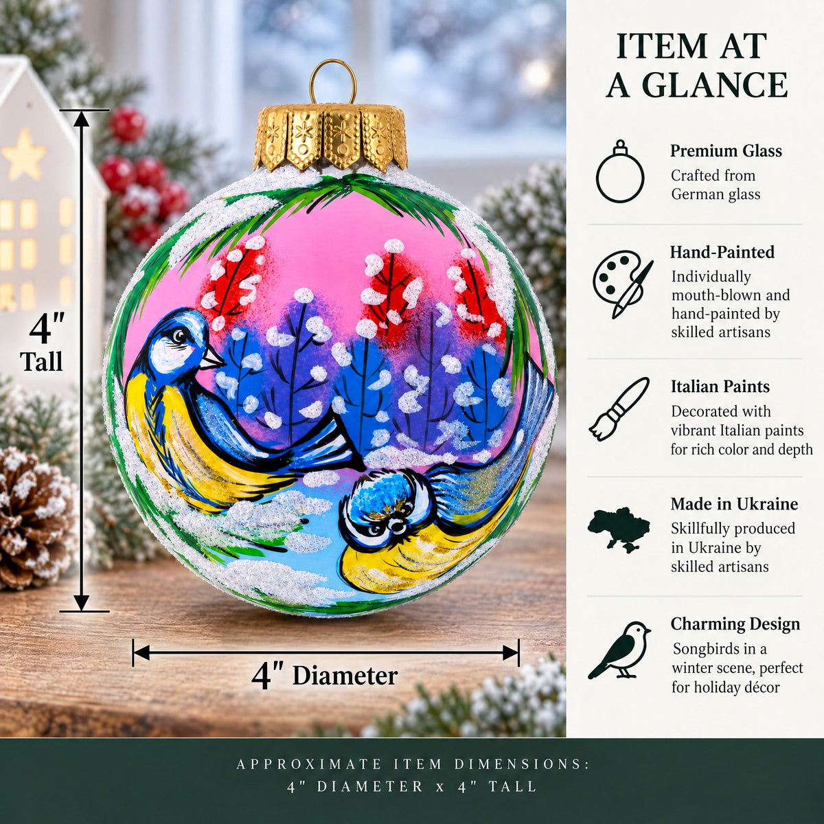 Songbirds in Winter Scene Glass Ball Christmas Ornament 4 Inches