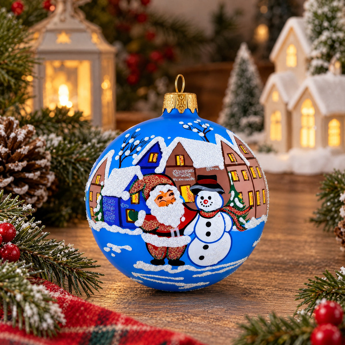 Santa & Snowman Winter Village Scene Glass Ball Christmas Ornament 3.25 Inches