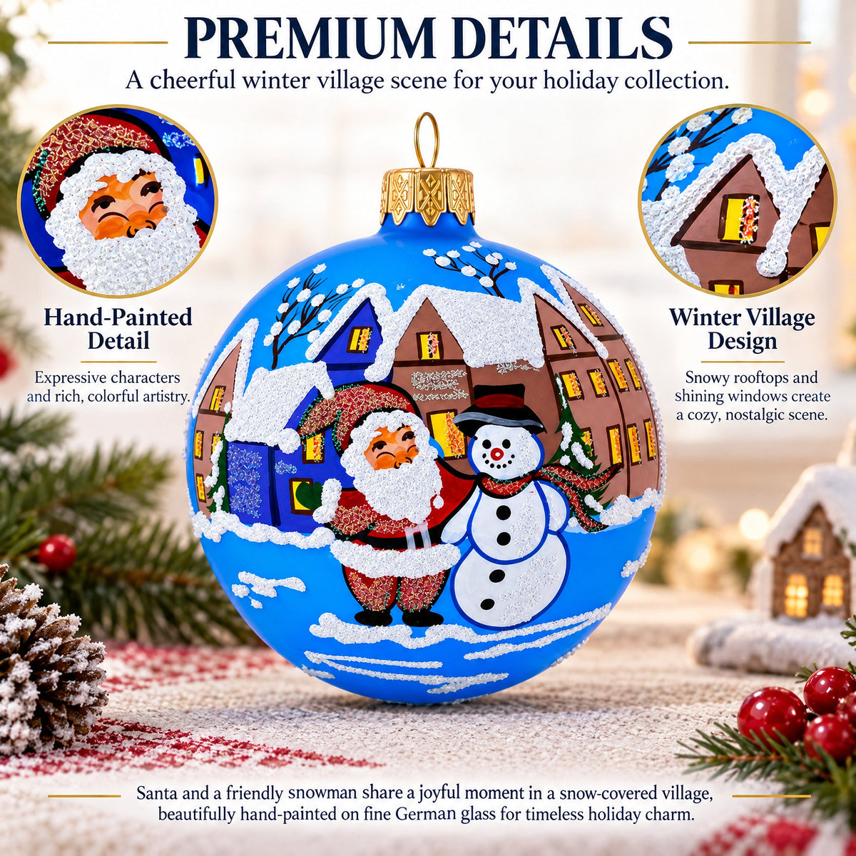 Santa & Snowman Winter Village Scene Glass Ball Christmas Ornament 3.25 Inches