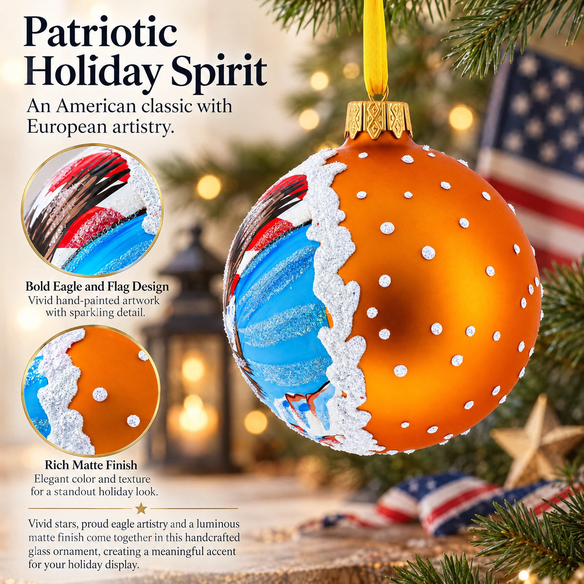 USA Flag and Bald Eagle Glass Ball Christmas Ornament 3.25 Inches