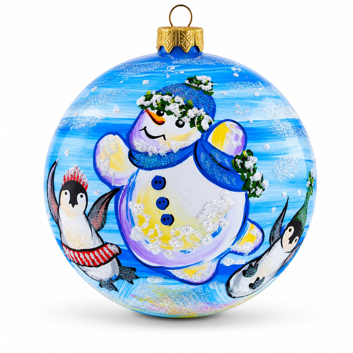 Snowman with Penguins Glass Ball Christmas Ornament 4 Inches