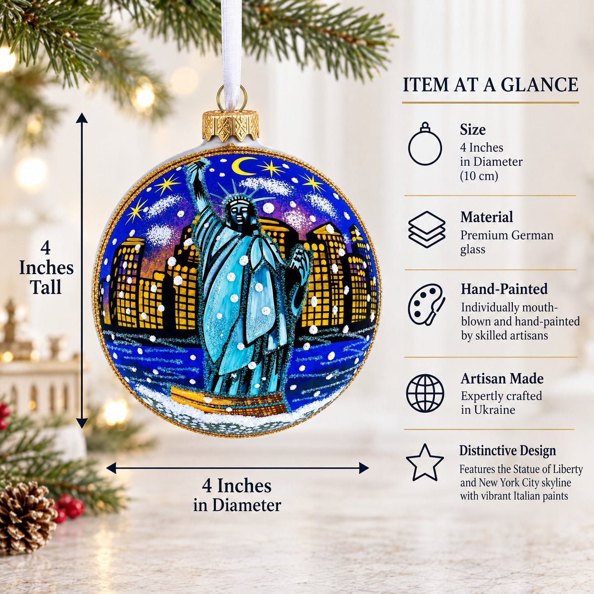Statue of Liberty at Night, New York Glass Ball Christmas Ornament 4 Inches