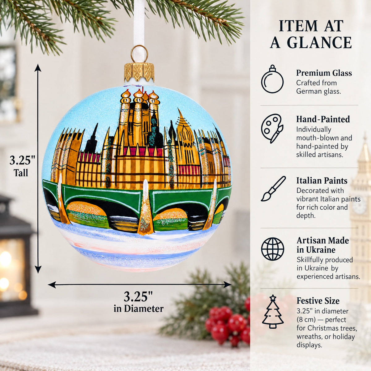 Big Ben, London, United Kingdom Glass Ball Christmas Ornament 3.25 Inches