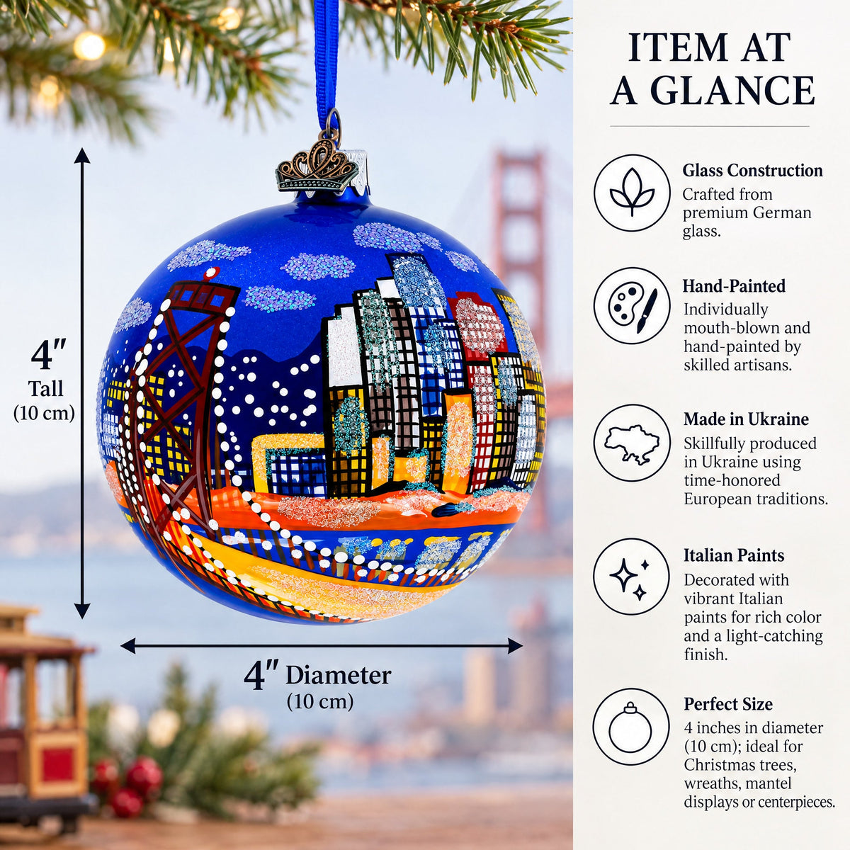San Francisco, California Glass Ball Christmas Ornament 4 Inches