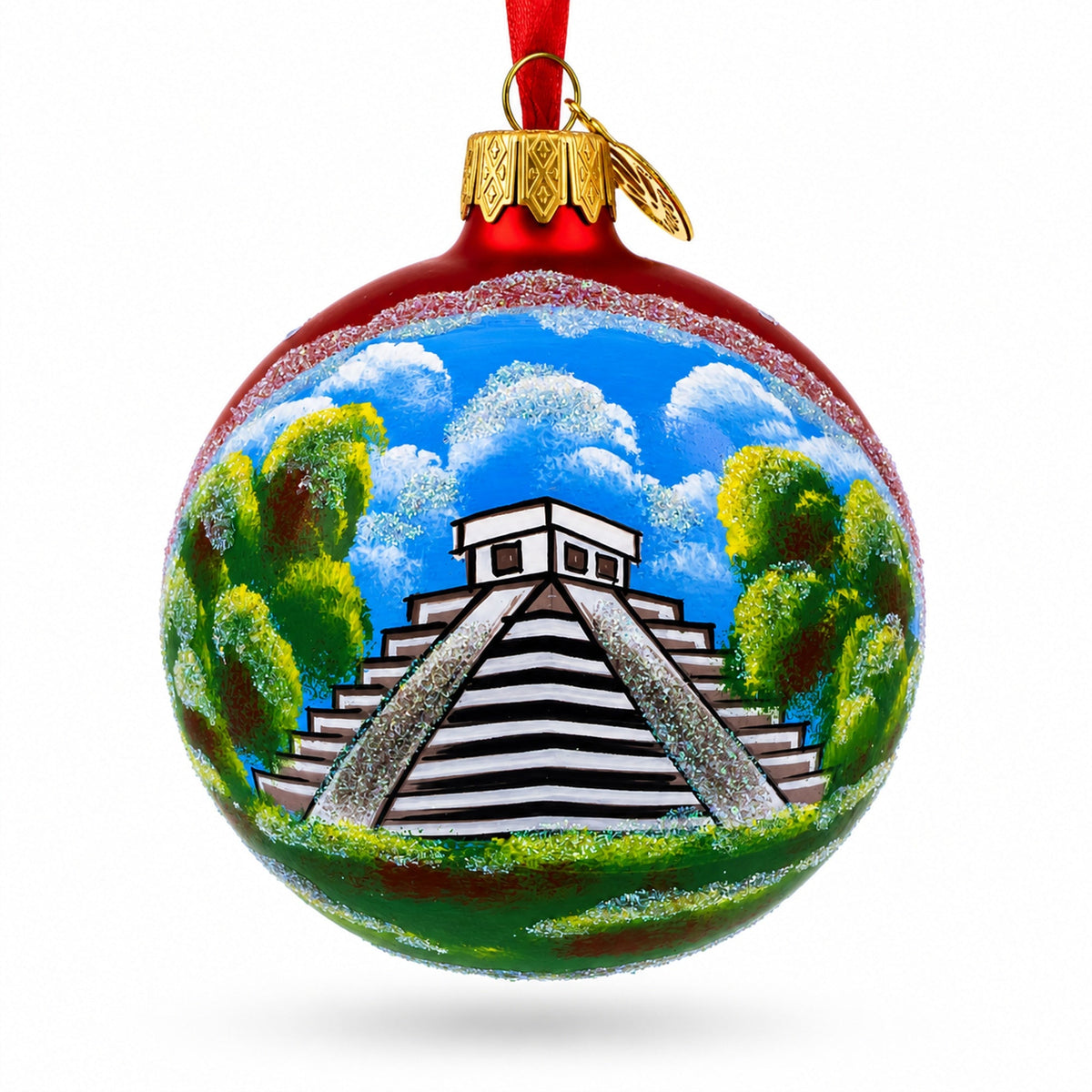 Mayan Pyramid, Mexico Glass Ball Christmas Ornament 3.25 Inches