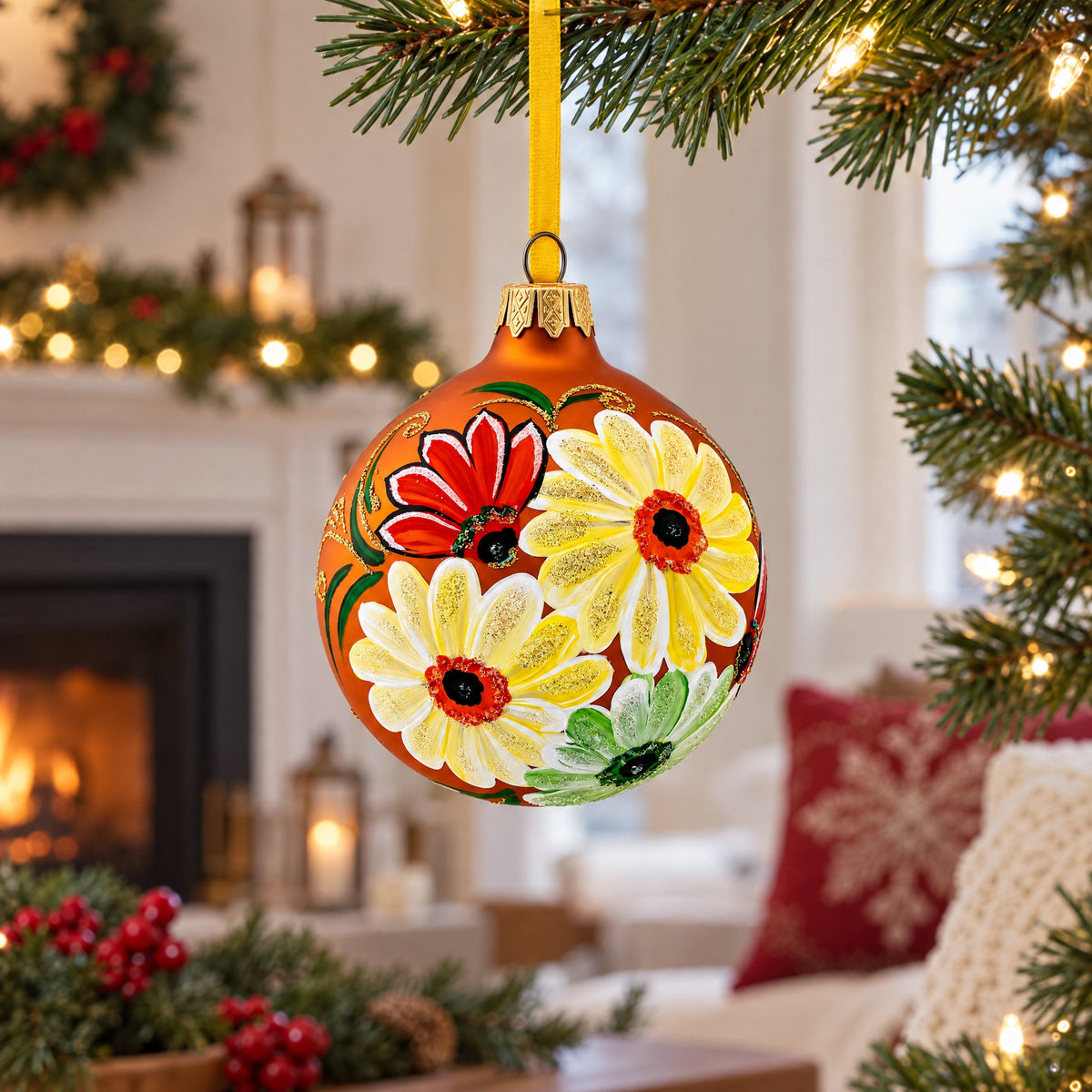 Gerbera Daisies Glass Ball Christmas Ornament 3.25 Inches