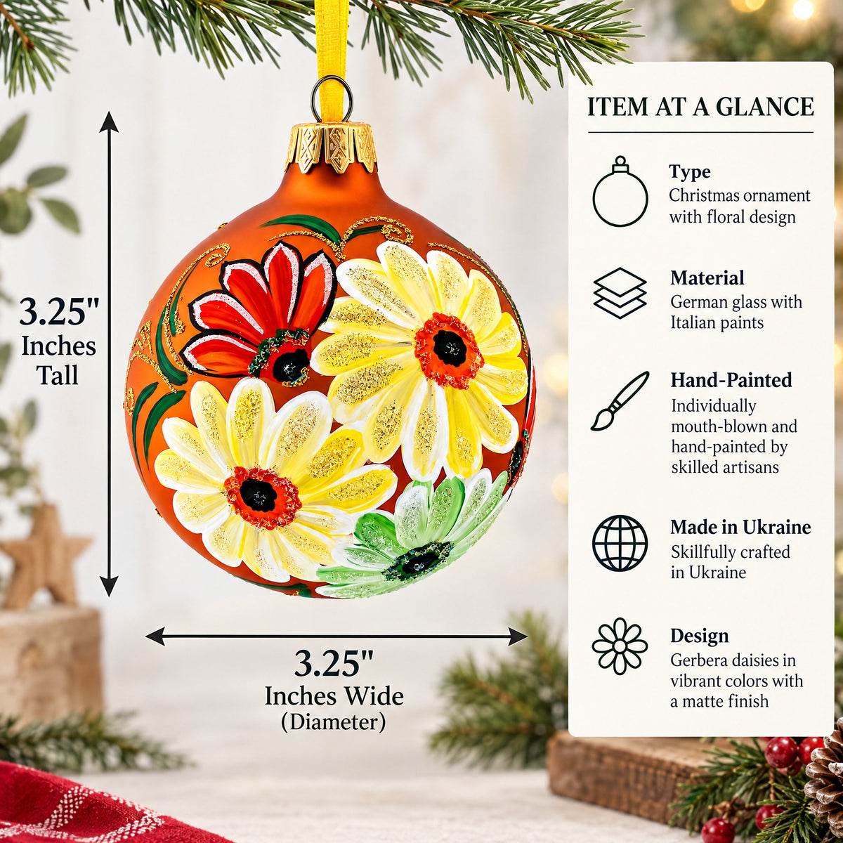 Gerbera Daisies Glass Ball Christmas Ornament 3.25 Inches
