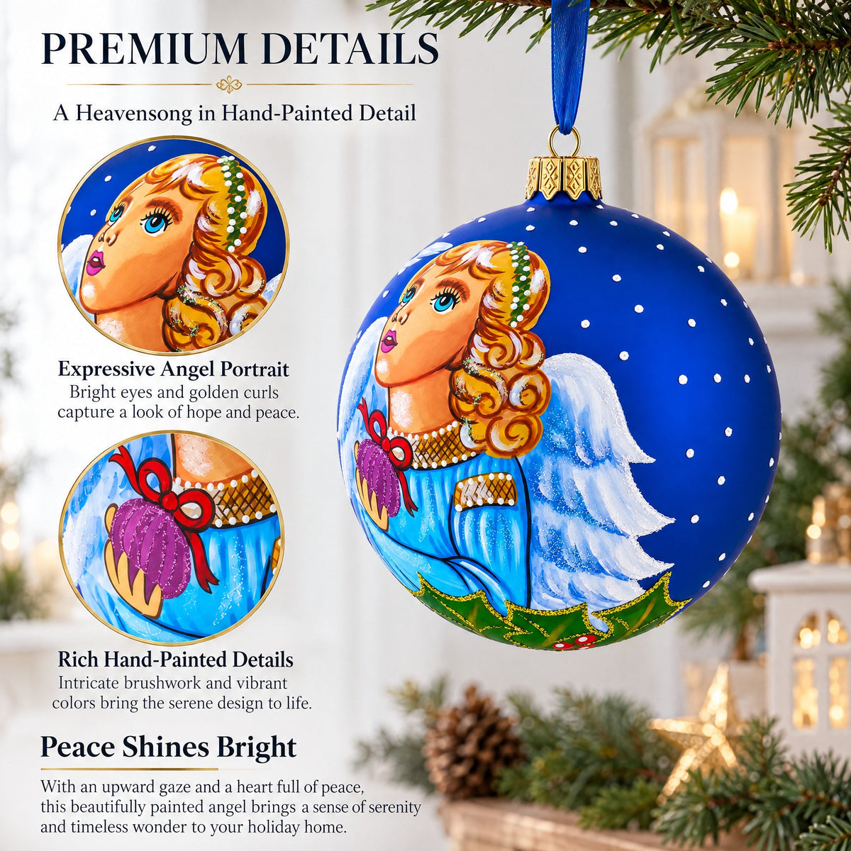 Angel with Peace Pigeons Glass Ball Christmas Ornament 4 Inches