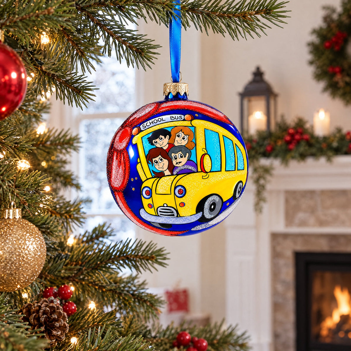 Yellow School Bus Glass Ball Christmas Ornament 4 Inches