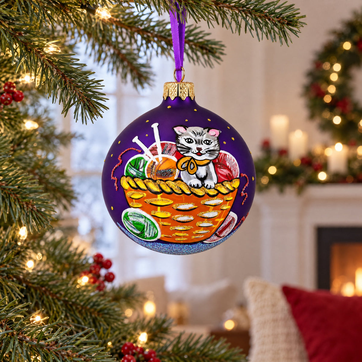 Kitten with Yarn Balls Glass Christmas Ornament 3.25 Inches
