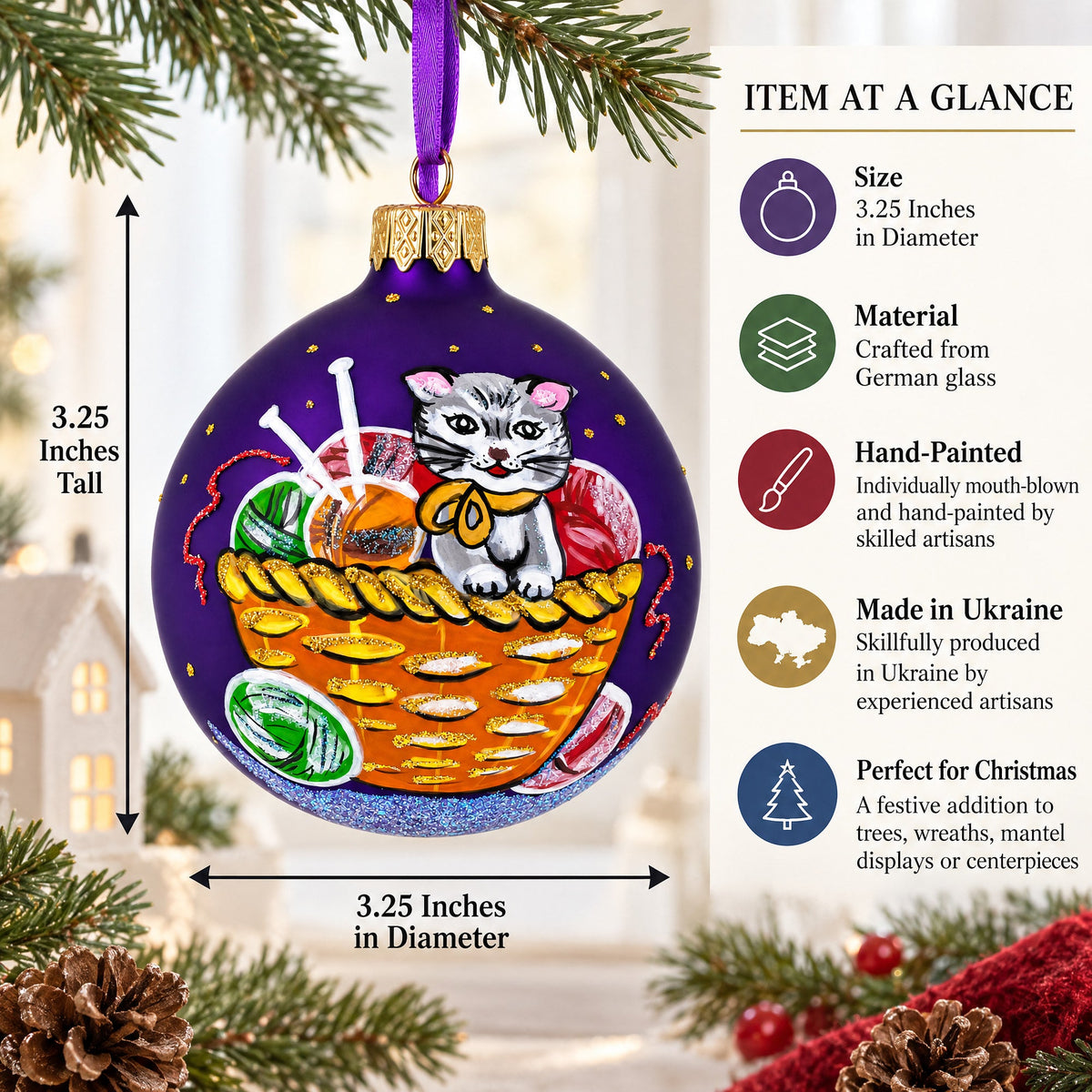 Kitten with Yarn Balls Glass Christmas Ornament 3.25 Inches