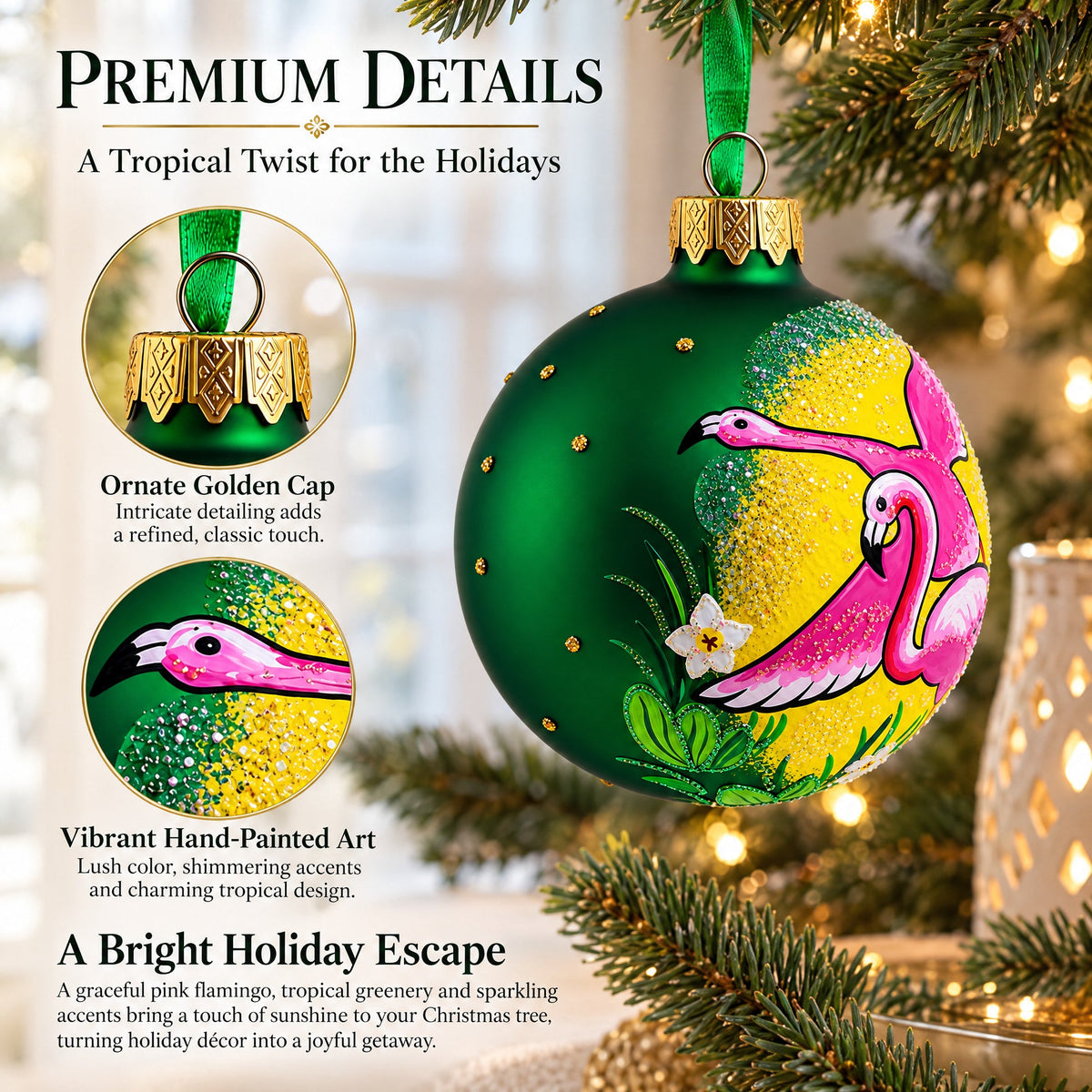 Pink Flamingos Glass Christmas Ornament 3.25 Inches