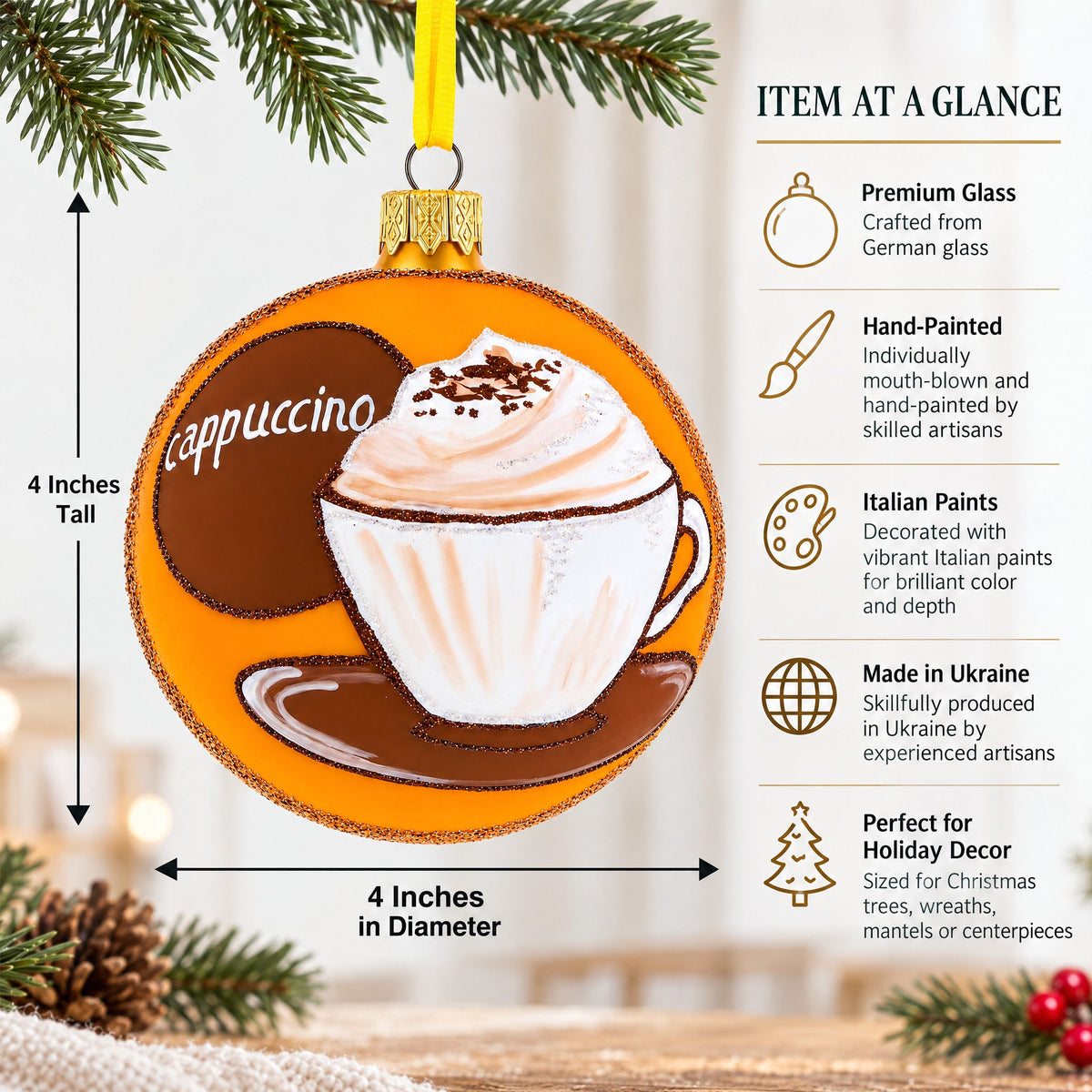 Passionate Cappuccino Lover Glass Ball Christmas Ornament 4 Inches