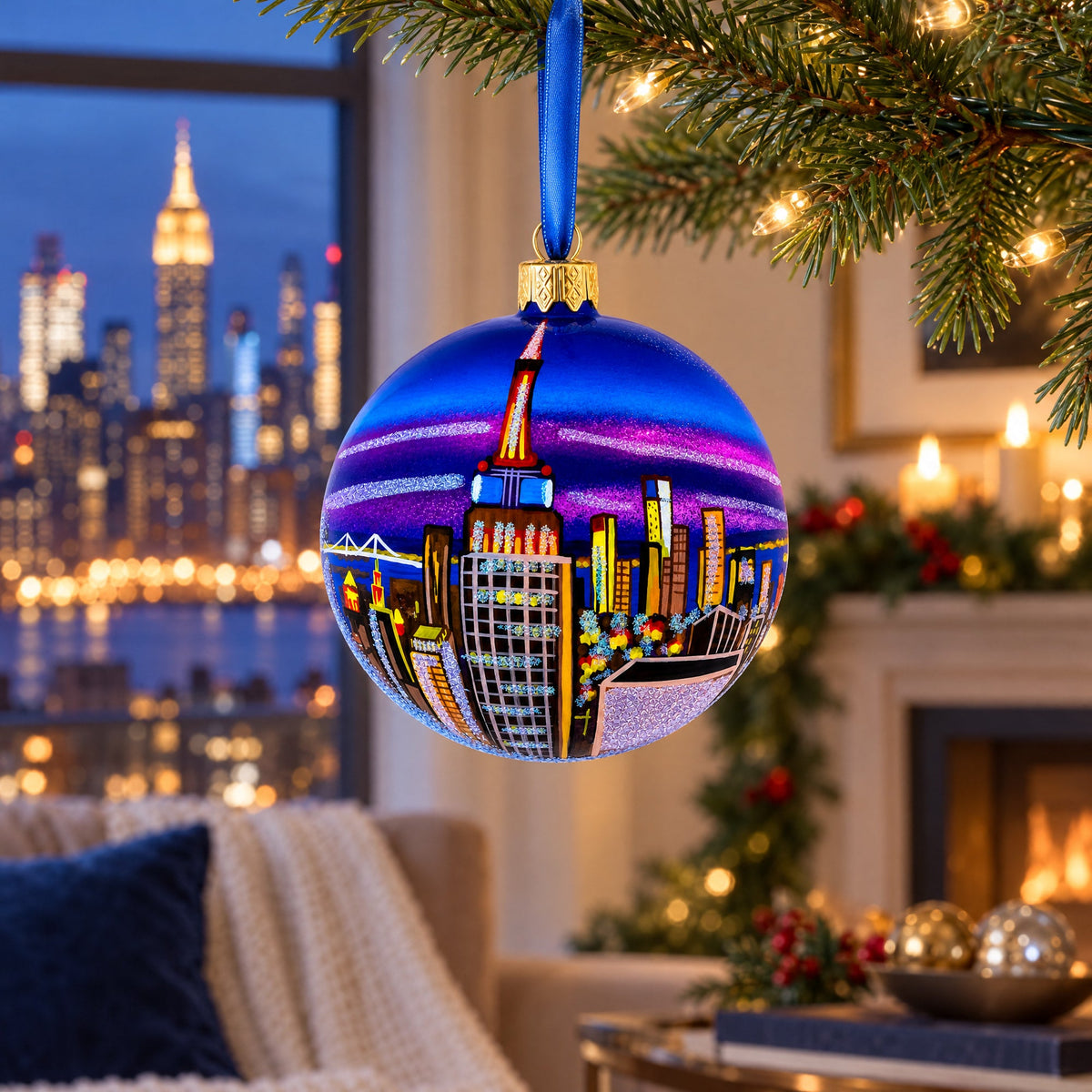 New York City at Night Glass Ball Christmas Ornament 4 Inches