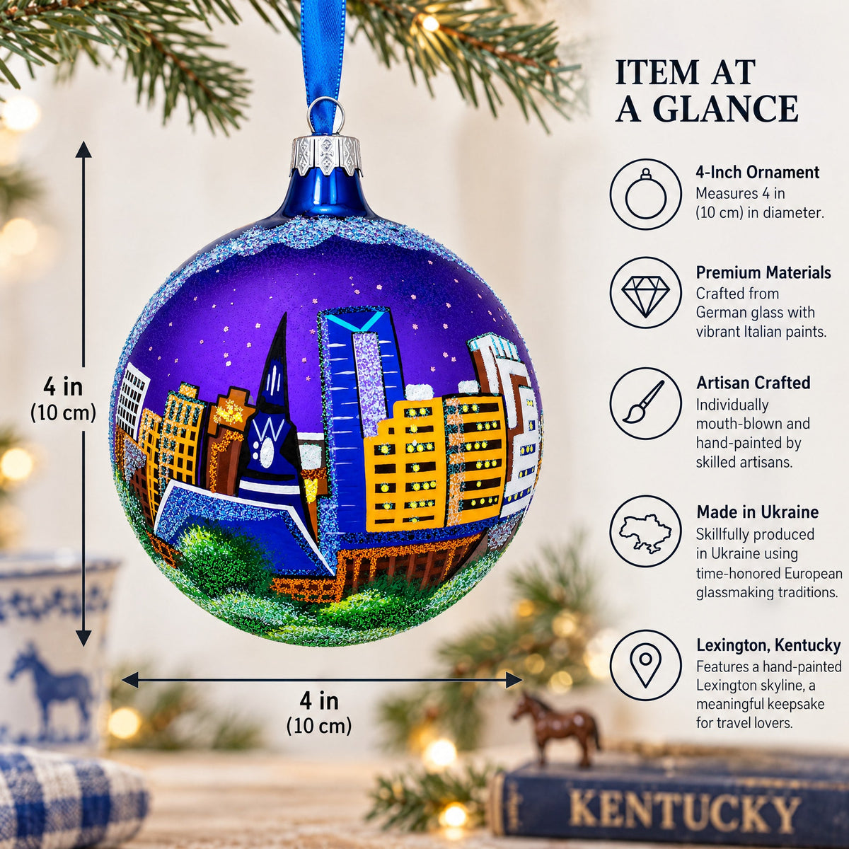 Lexington, Kentucky Glass Ball Christmas Ornament 4 Inches