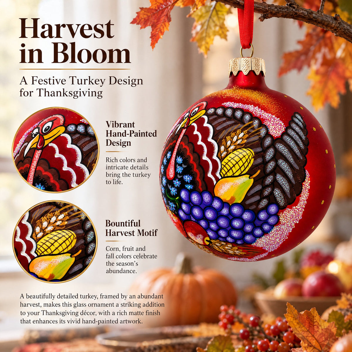 Turkey on the Field Thanksgiving Glass Ball Christmas Ornaments 4 Inches
