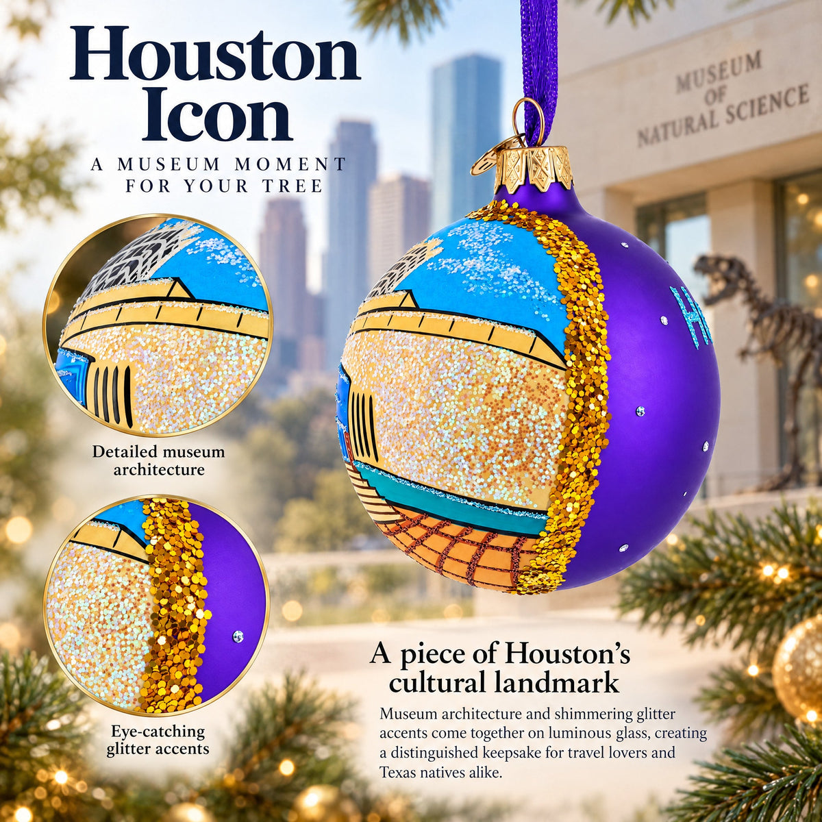 Museum of Natural Science in Houston, Texas Glass Ball Christmas Ornament 3.25 Inches