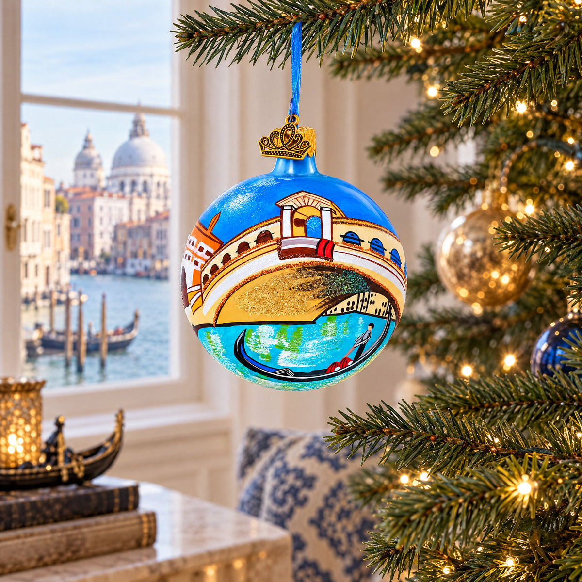 Gondola under The Rialto Bridge, Venice, Italy Glass Ball Christmas Ornament 3.25 Inches
