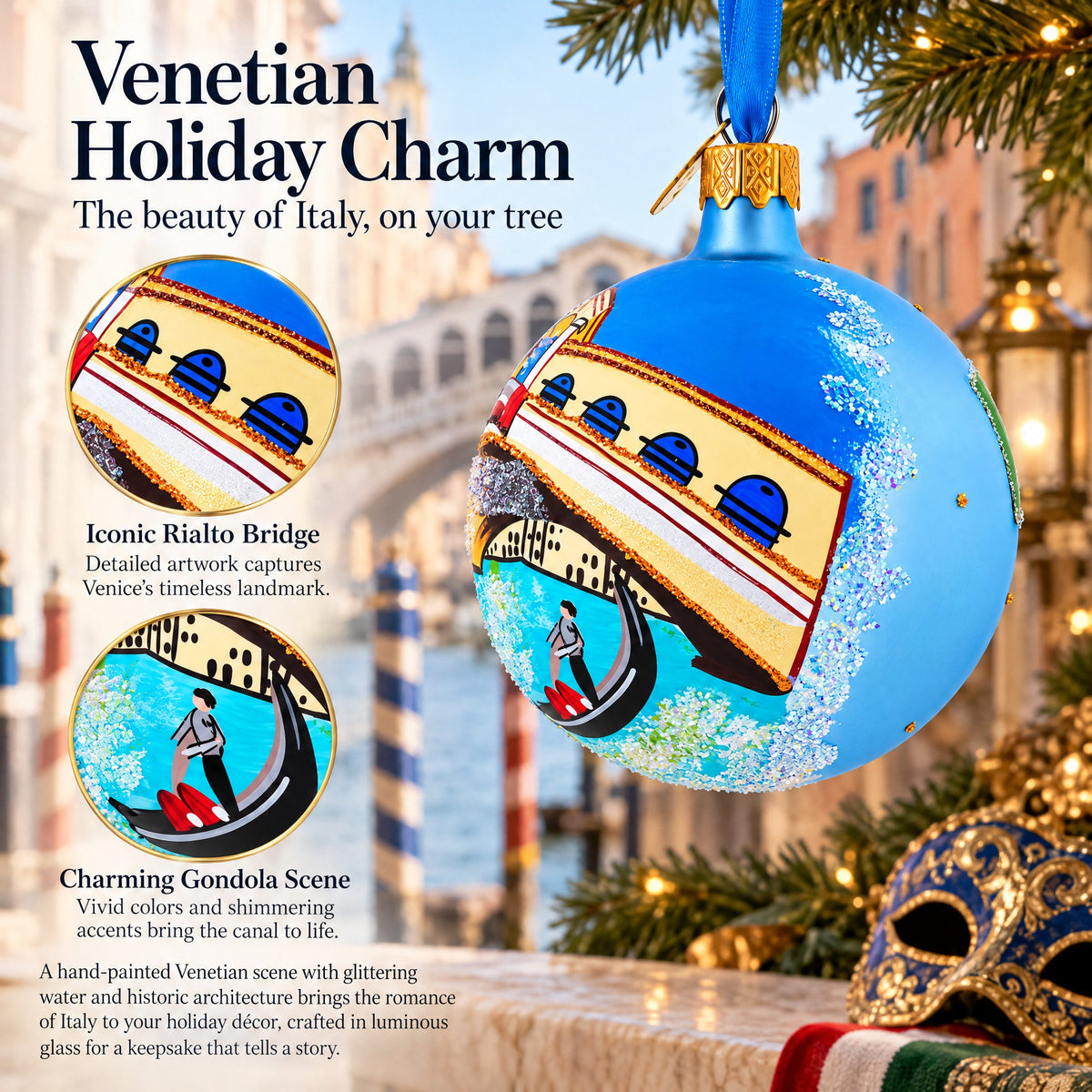 Gondola under The Rialto Bridge, Venice, Italy Glass Ball Christmas Ornament 3.25 Inches