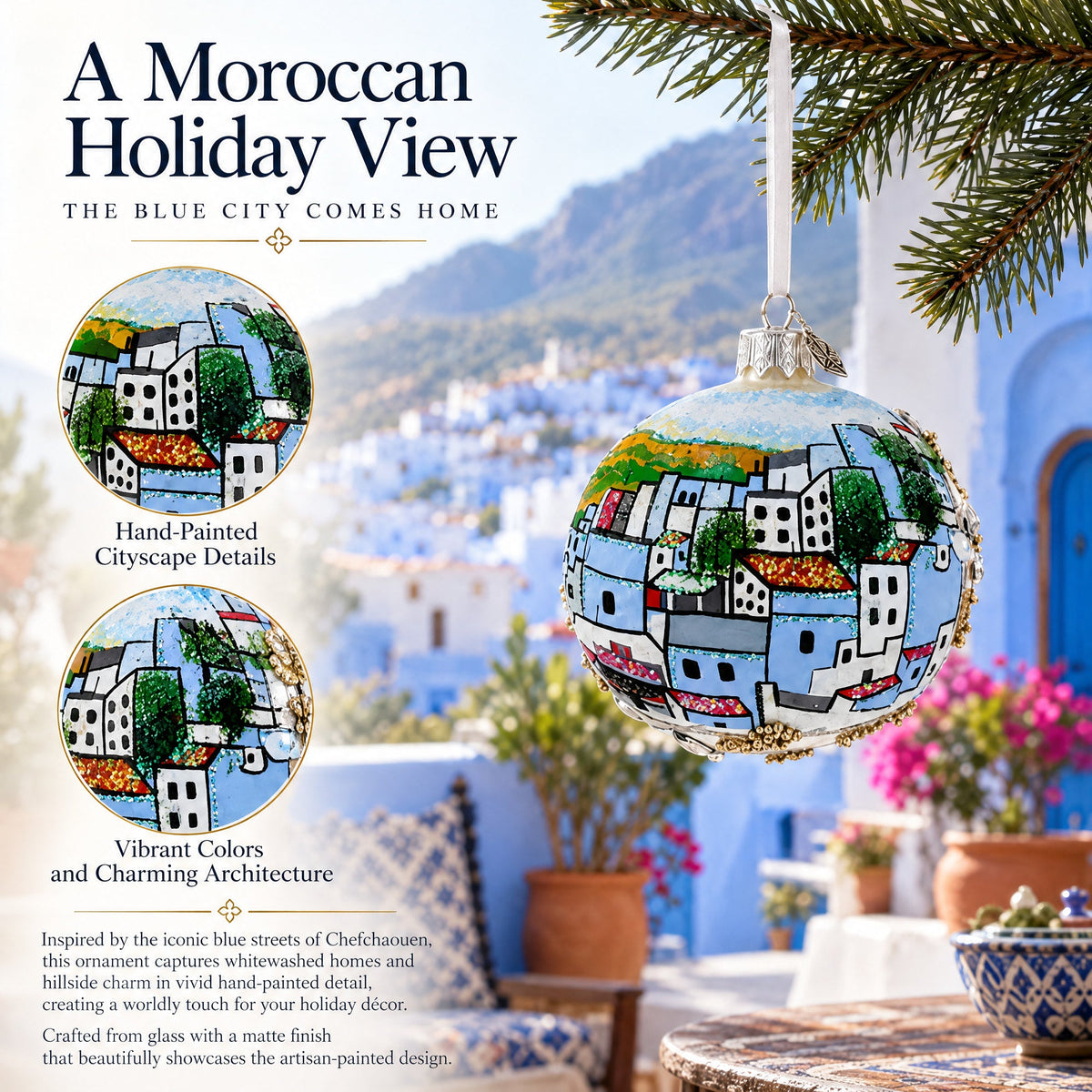 Blue City Chefchaouen, Morocco Glass Ball Christmas Ornament 3.25 Inches