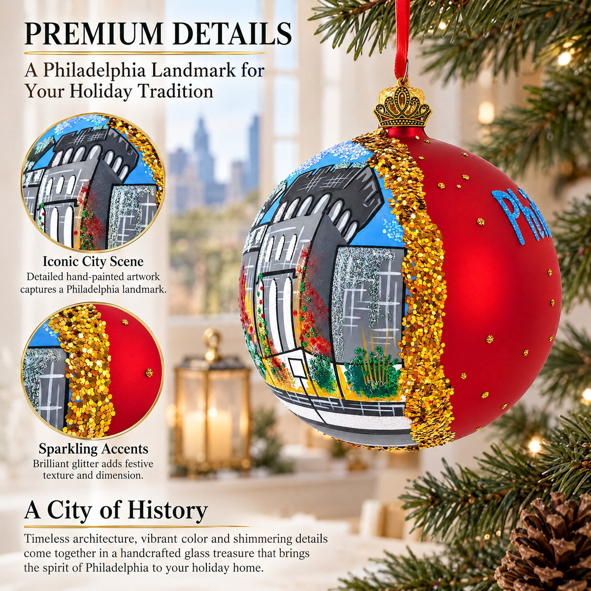 History Museum, Philadelphia, Pennsylvania Glass Ball Christmas Ornament 4 Inches