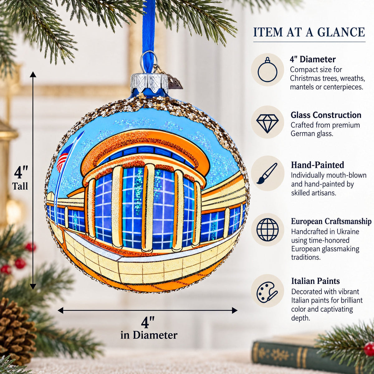 Abraham Lincoln Presidential Library and Museum, Springfield, Illinois Glass Ball Christmas Ornament 4 Inches