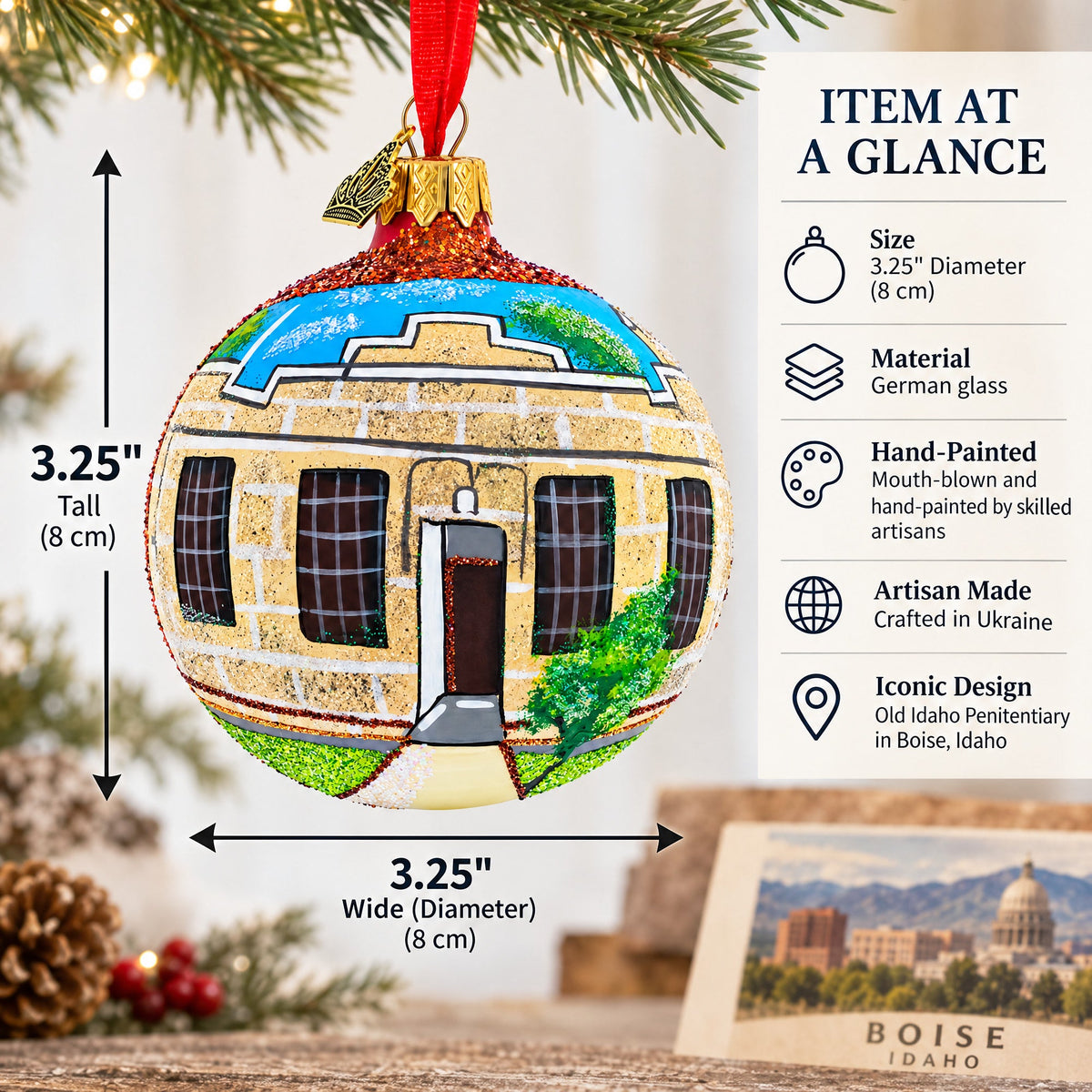 Old Idaho Penitentiary, Boise, Idaho Glass Ball Christmas Ornament 3.25 Inches