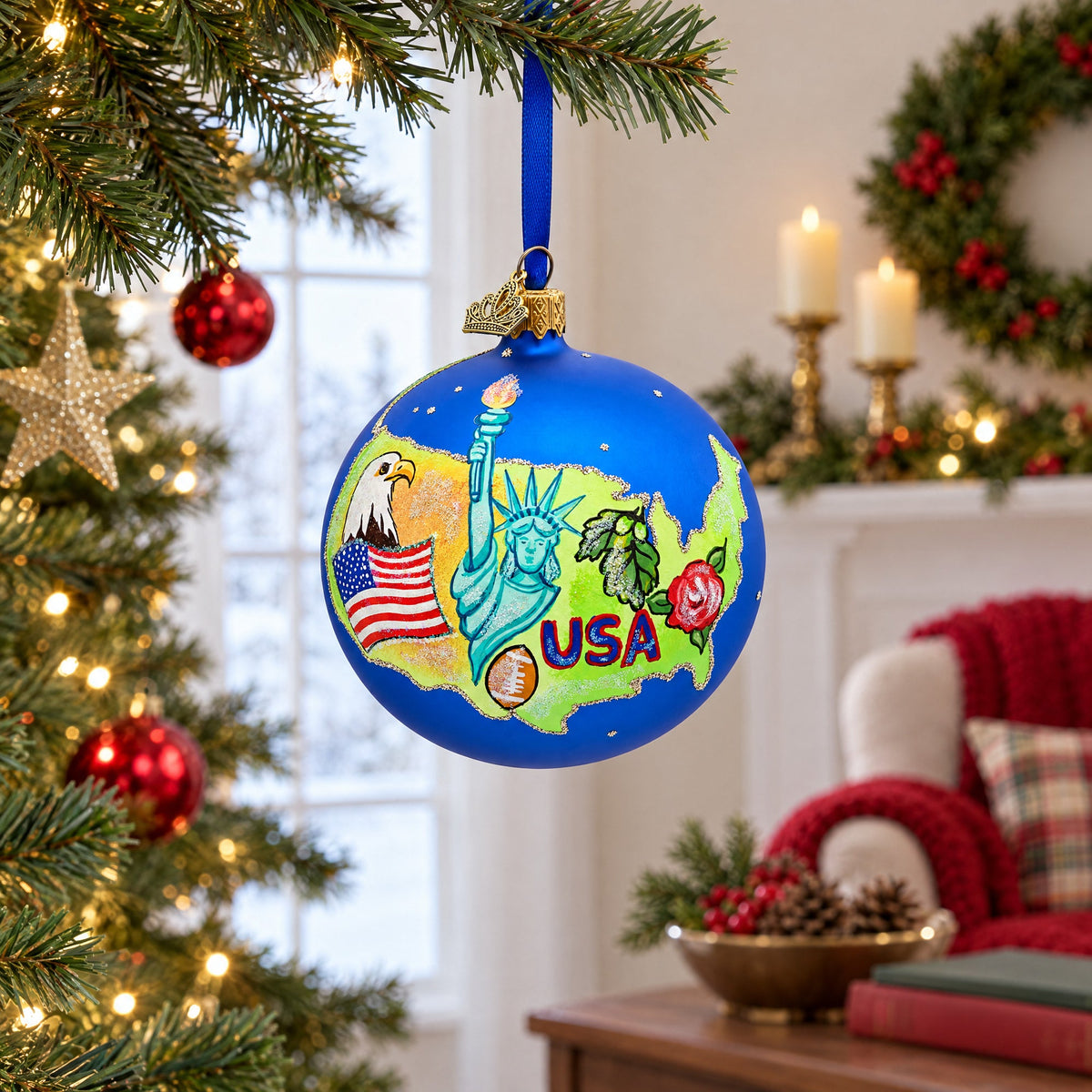 Travel to the USA Glass Ball Christmas Ornament 4 Inches