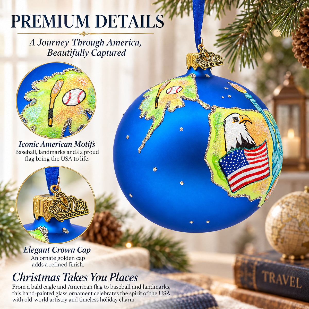 Travel to the USA Glass Ball Christmas Ornament 4 Inches