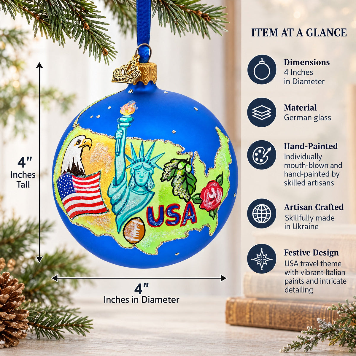 Travel to the USA Glass Ball Christmas Ornament 4 Inches