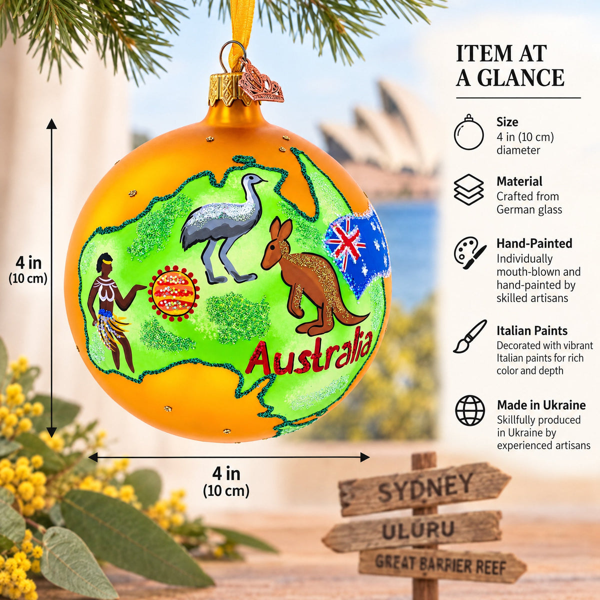 Travel to Australia Glass Ball Christmas Ornament 4 Inches