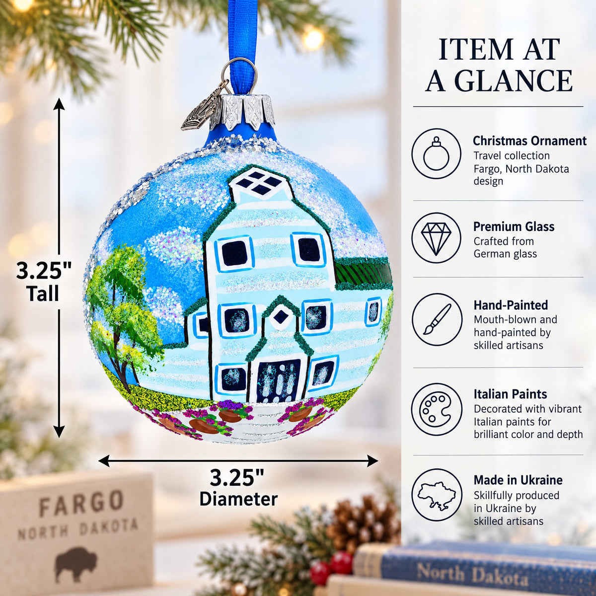 Moorhead Visitors Center, Fargo, North Dakota Glass Ball Christmas Ornament 3.25 Inches