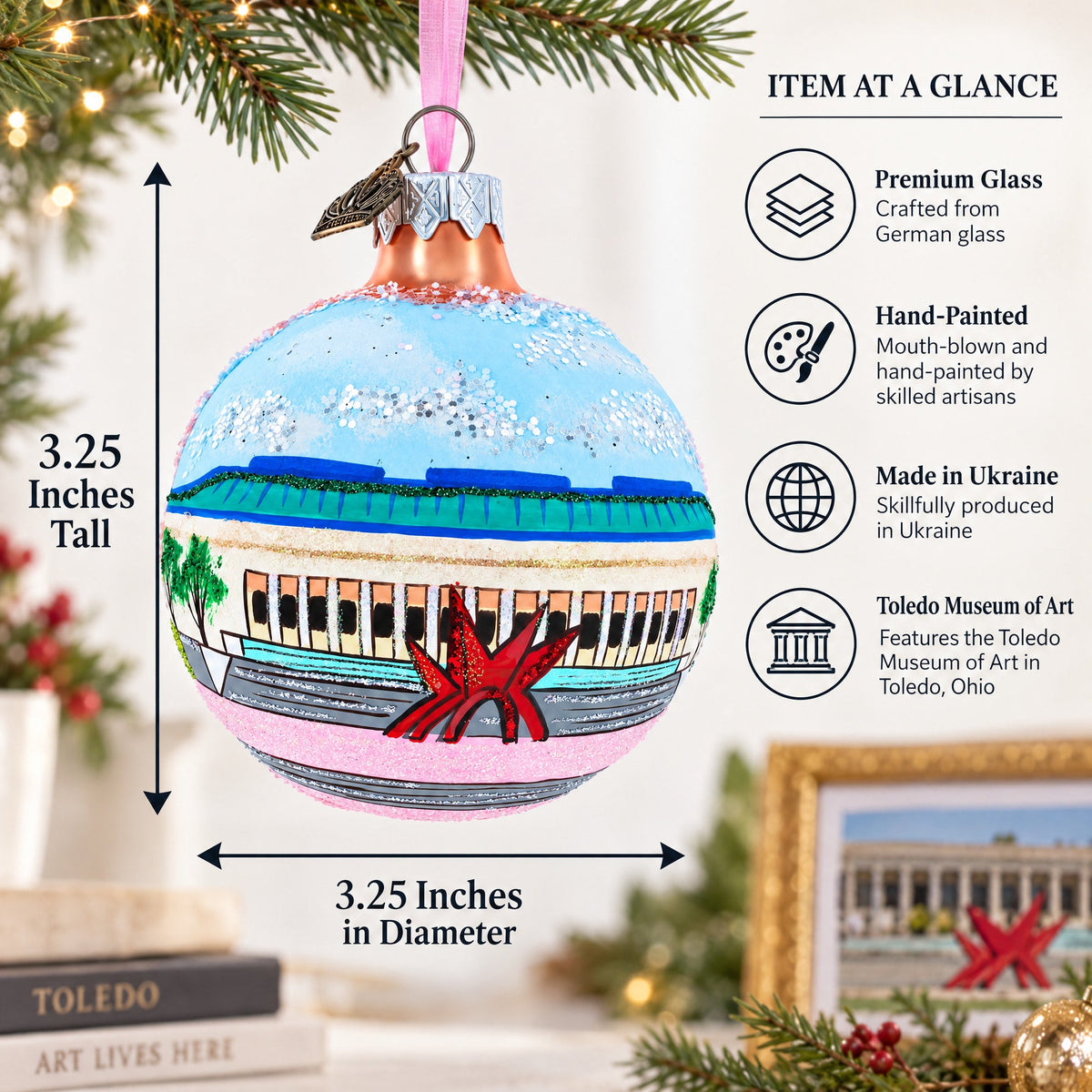 Toledo Museum of Art, Toledo, Ohio Glass Ball Christmas Ornament 3.25 Inches