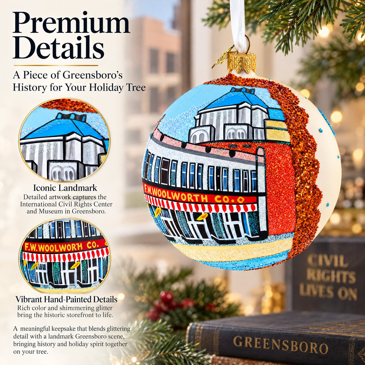 International Civil Rights Center & Museum, Greensboro, North Carolina Glass Ball Christmas Ornament 4 Inches
