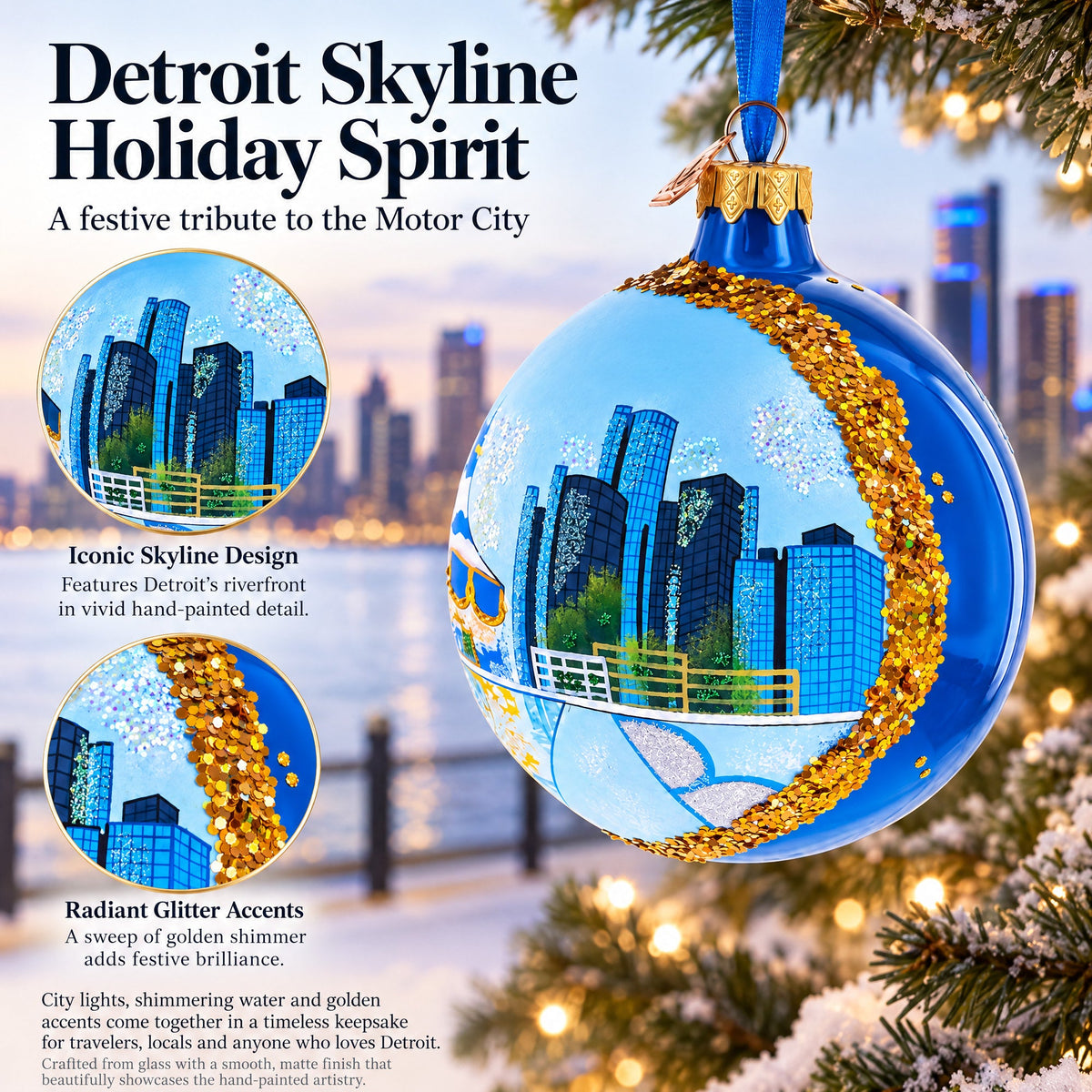 Detroit Riverfront, Detroit, Michigan Glass Ball Christmas Ornament 4 Inches