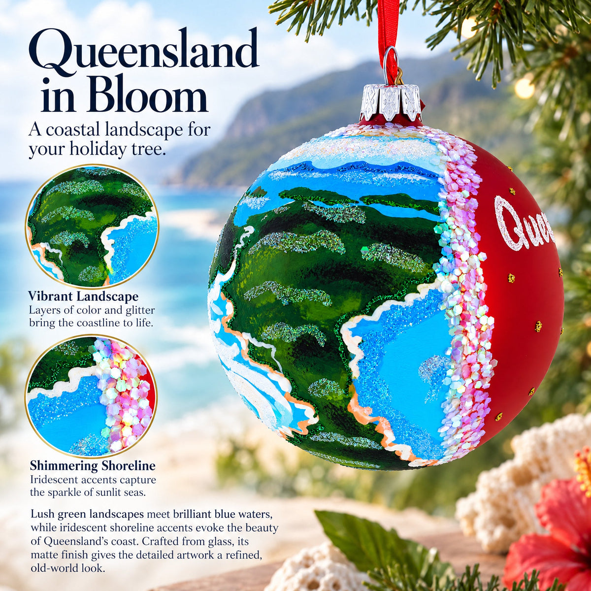 Queensland, Australia Glass Ball Christmas Ornament 4 Inches