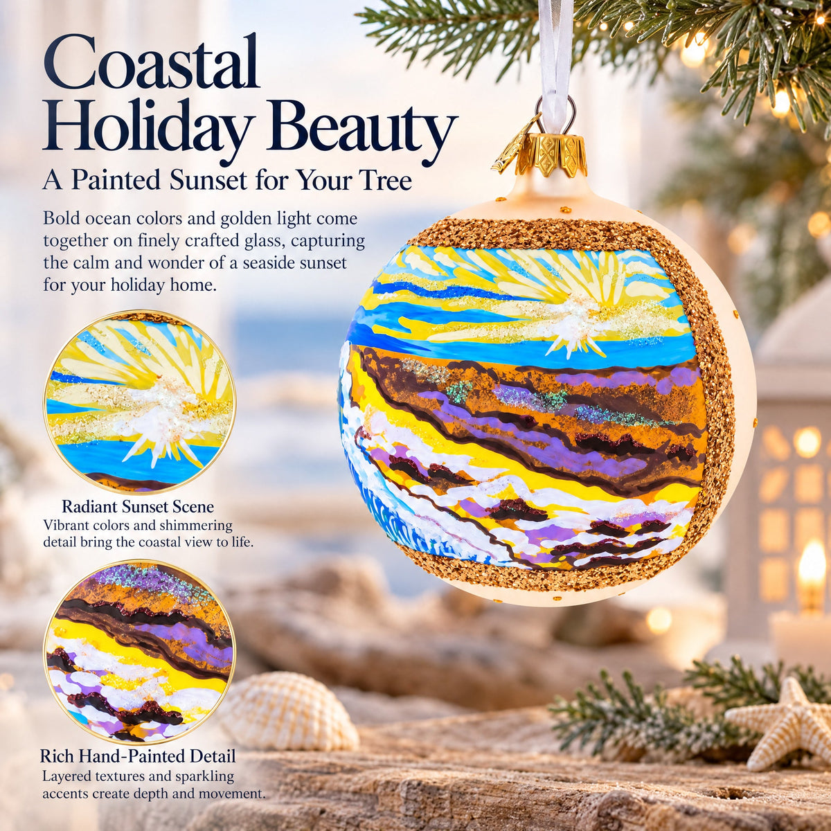 Sunset at the Ocean Painting Glass Ball Christmas Ornament 4 Inches