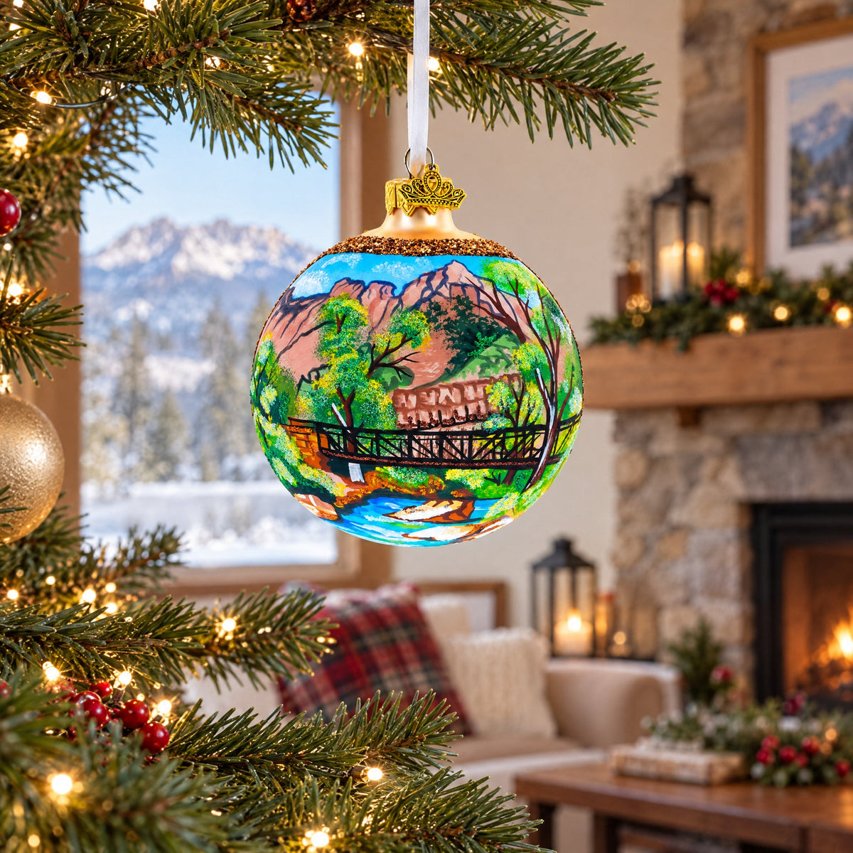 Bridge in the Mountain Park Painting Glass Ball Christmas Ornament 4 Inches