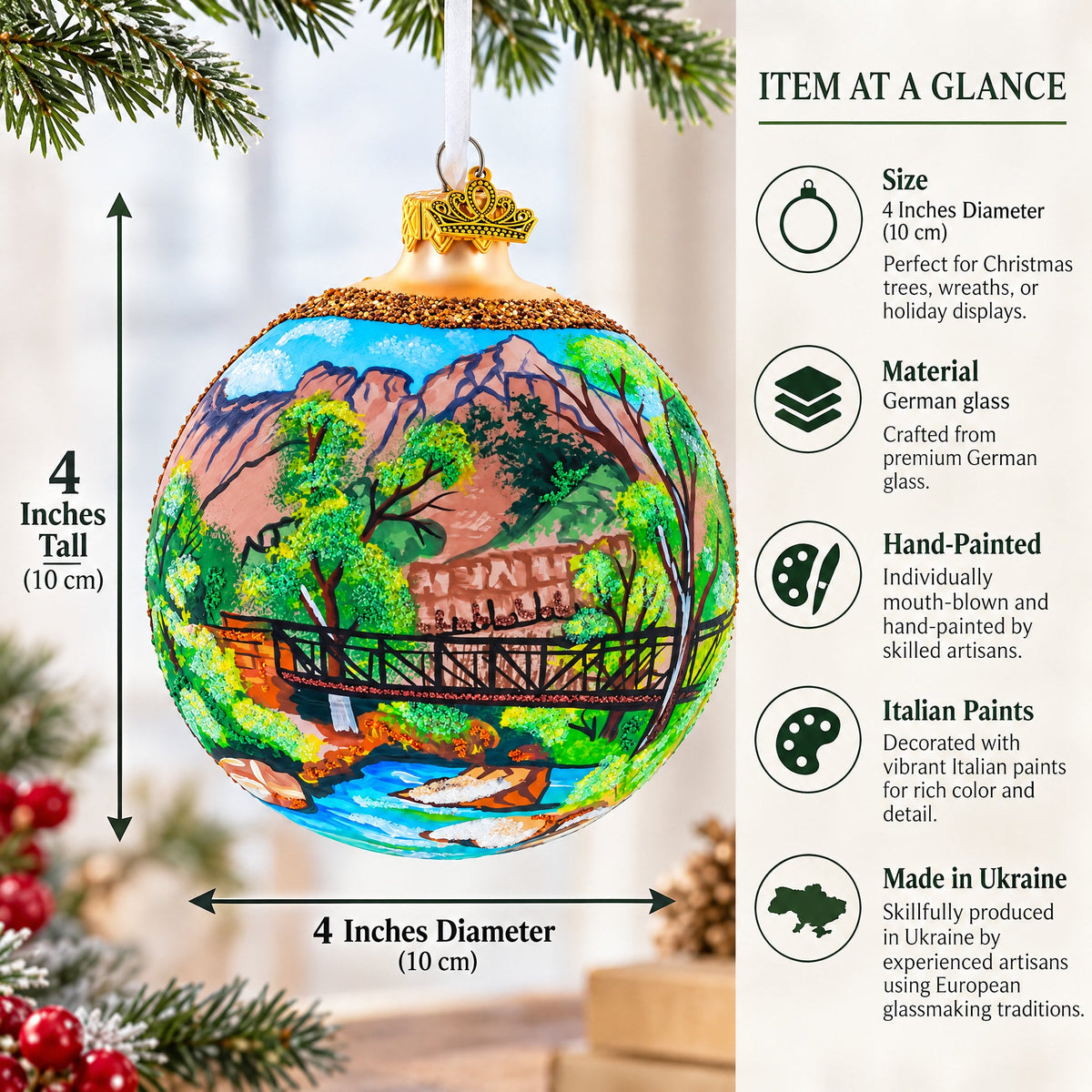 Bridge in the Mountain Park Painting Glass Ball Christmas Ornament 4 Inches