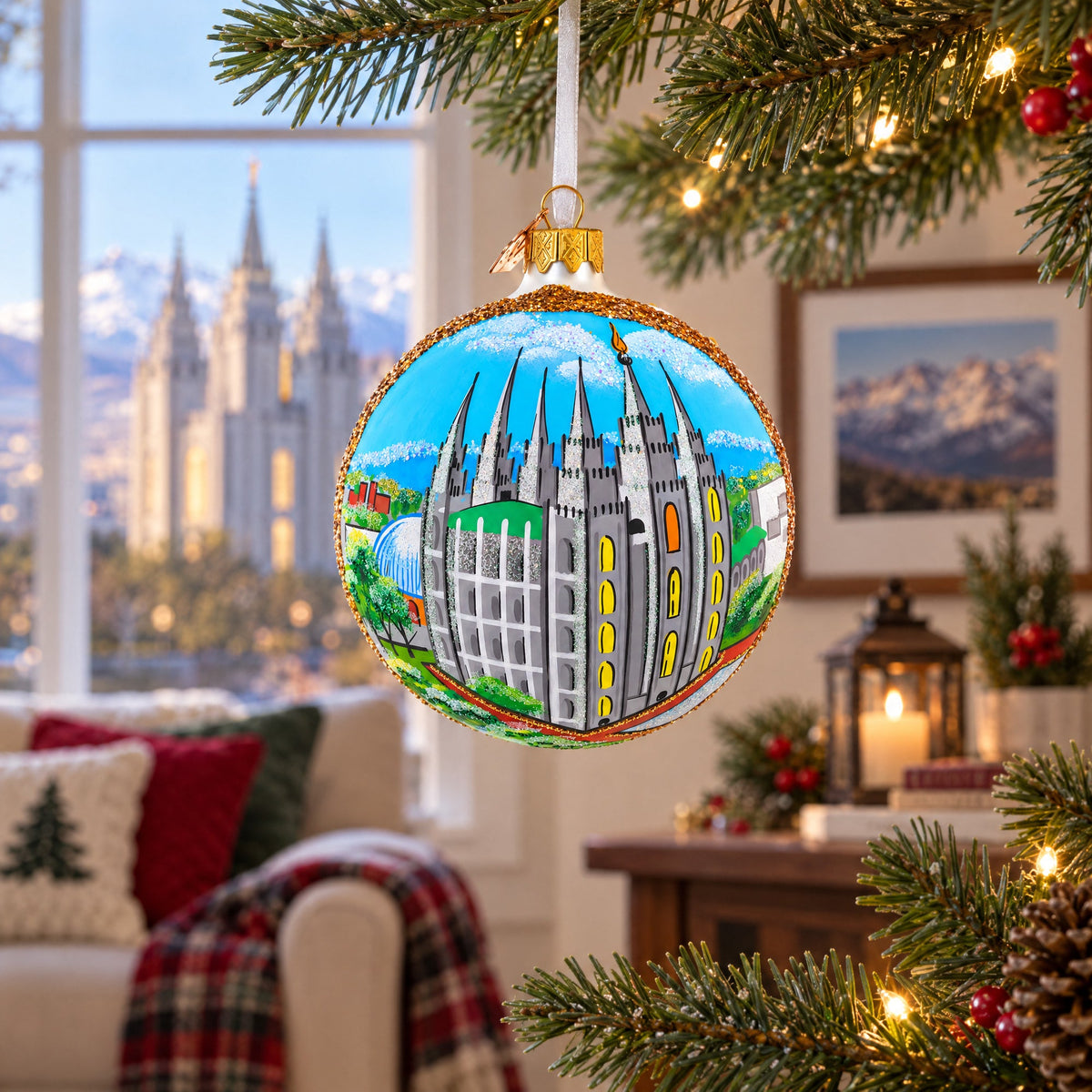 Temple Square, Salt Lake City, Utah Glass Ball Christmas Ornament 4 Inches