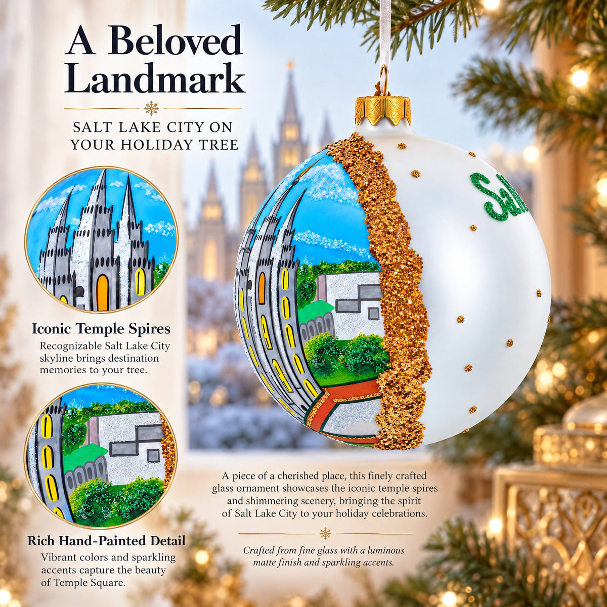Temple Square, Salt Lake City, Utah Glass Ball Christmas Ornament 4 Inches