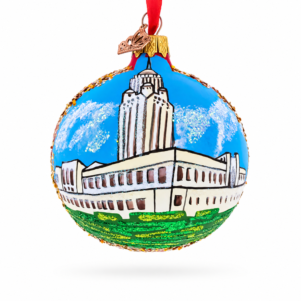 Nebraska State Capitol, Lincoln, Nebraska Glass Ball Christmas Ornament 3.25 Inches